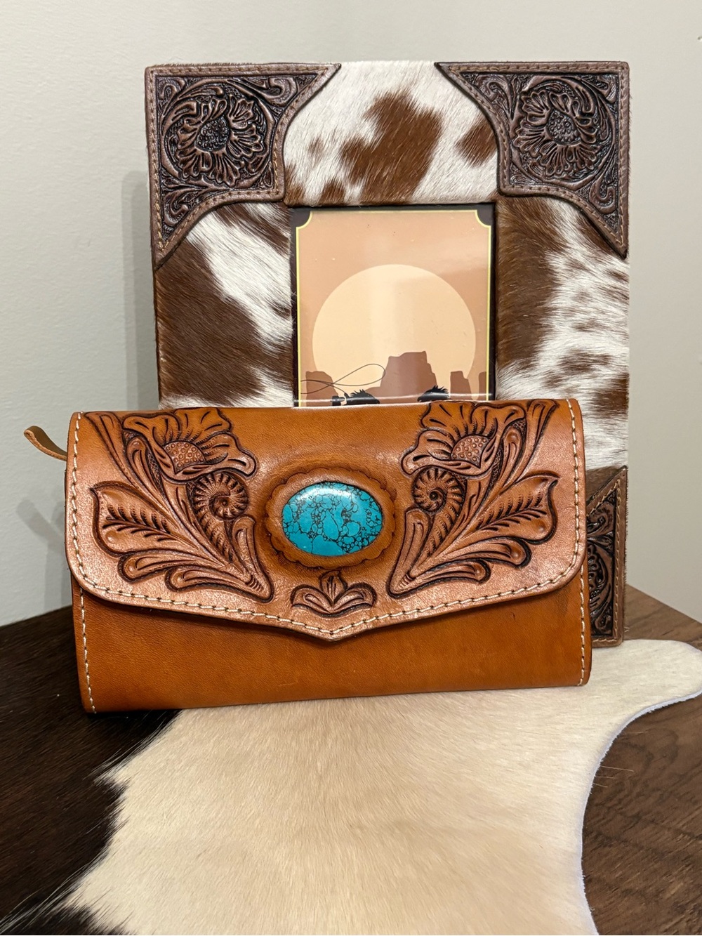 American Darling Turquoise-Accent Tooled Leather Women’s Wallet - Brown